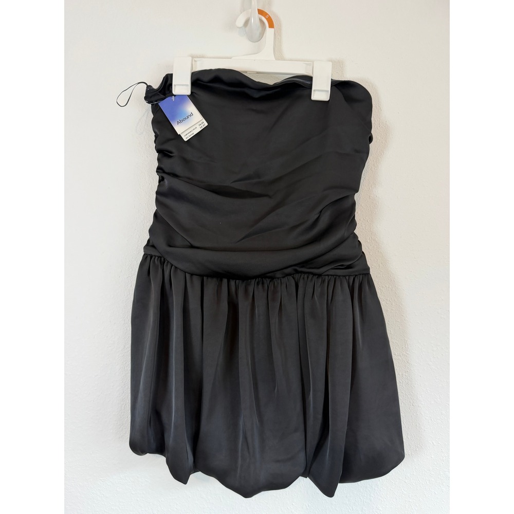 Abound Black Satin Strapless Ruched Bubble Hem Mini Dress Size S NWT